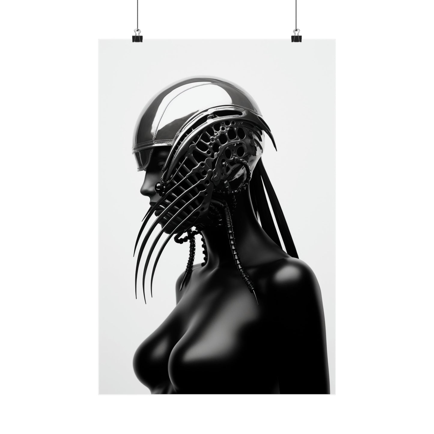 Futuristic black sculpture or mannequin bust with a reflective metallic helmet and intricate headpiece.