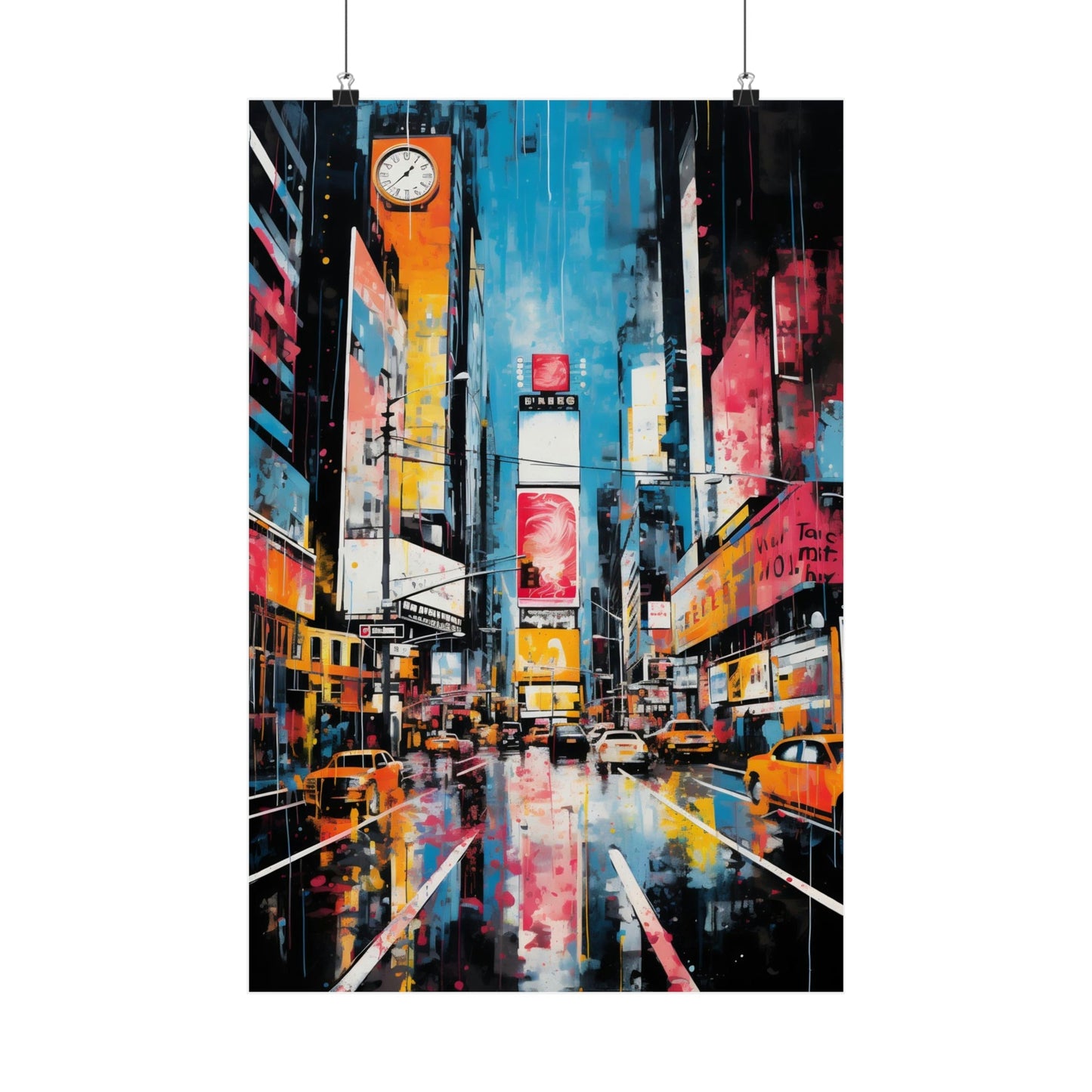 Vibrant painting of Times Square in New York City at night, with colorful billboards and reflective wet streets.