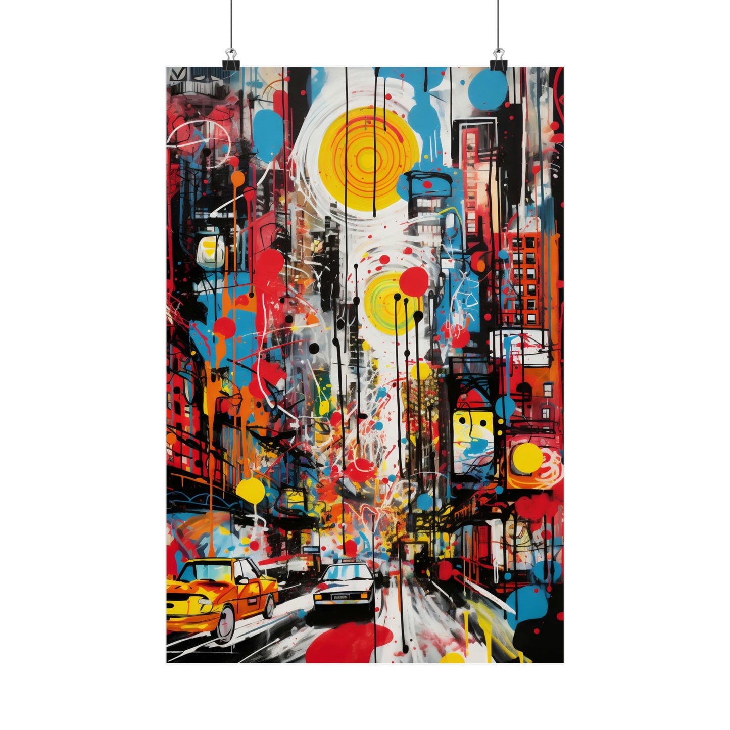 Colorful abstract painting of a bustling city street scene with vibrant splashes and geometric shapes.