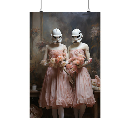 Two figures in pink dresses wearing Star Wars Stormtrooper helmets, holding pink stuffed animals.