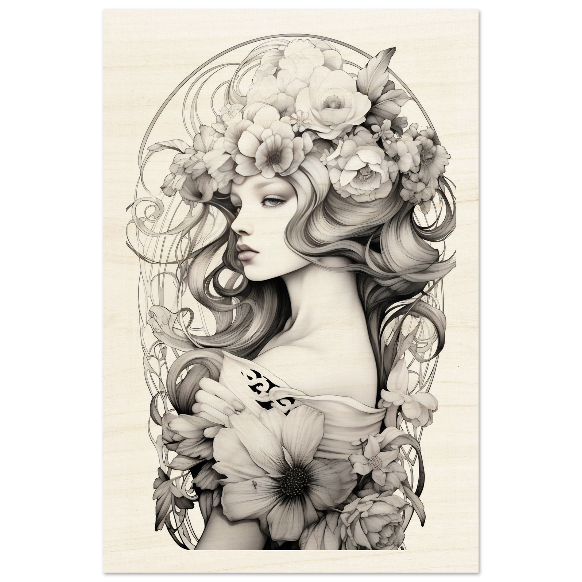 Artistic portrait of a woman adorned with intricate floral elements and flowing hair.