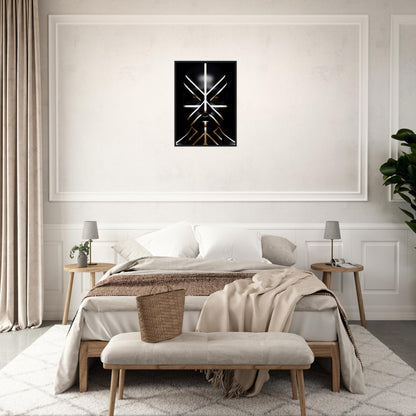 Minimalist bedroom with a neutral color palette and modern artwork above the bed.