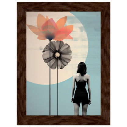 Framed artwork depicting a silhouetted figure facing stylized flowers against a pale sky with a moon.