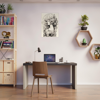 Home office workspace with a desk, chair, bookshelf, and decorative wall shelves.