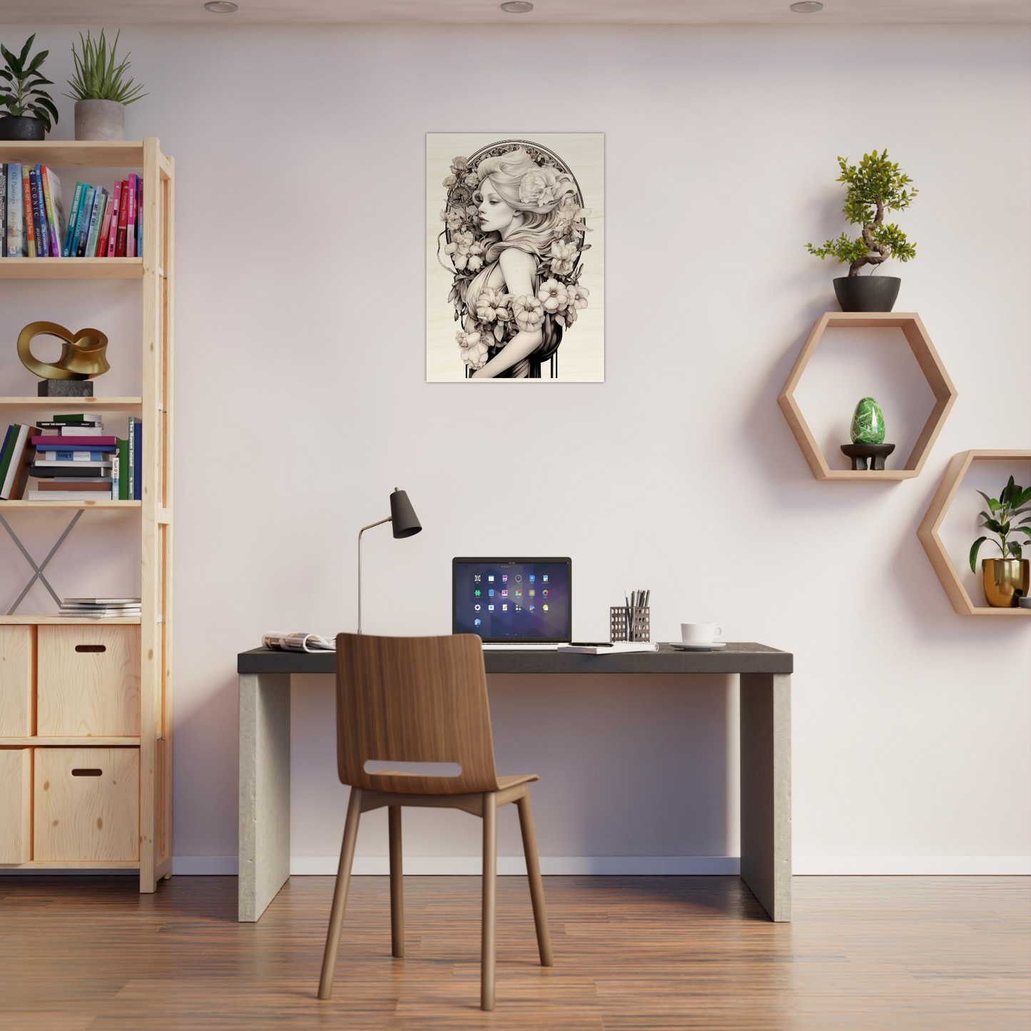 Home office workspace with a desk, chair, bookshelf, and decorative wall elements.