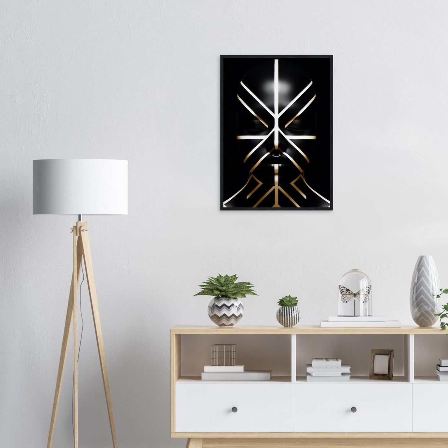 Abstract geometric artwork featuring intersecting white and gold lines on a black background.