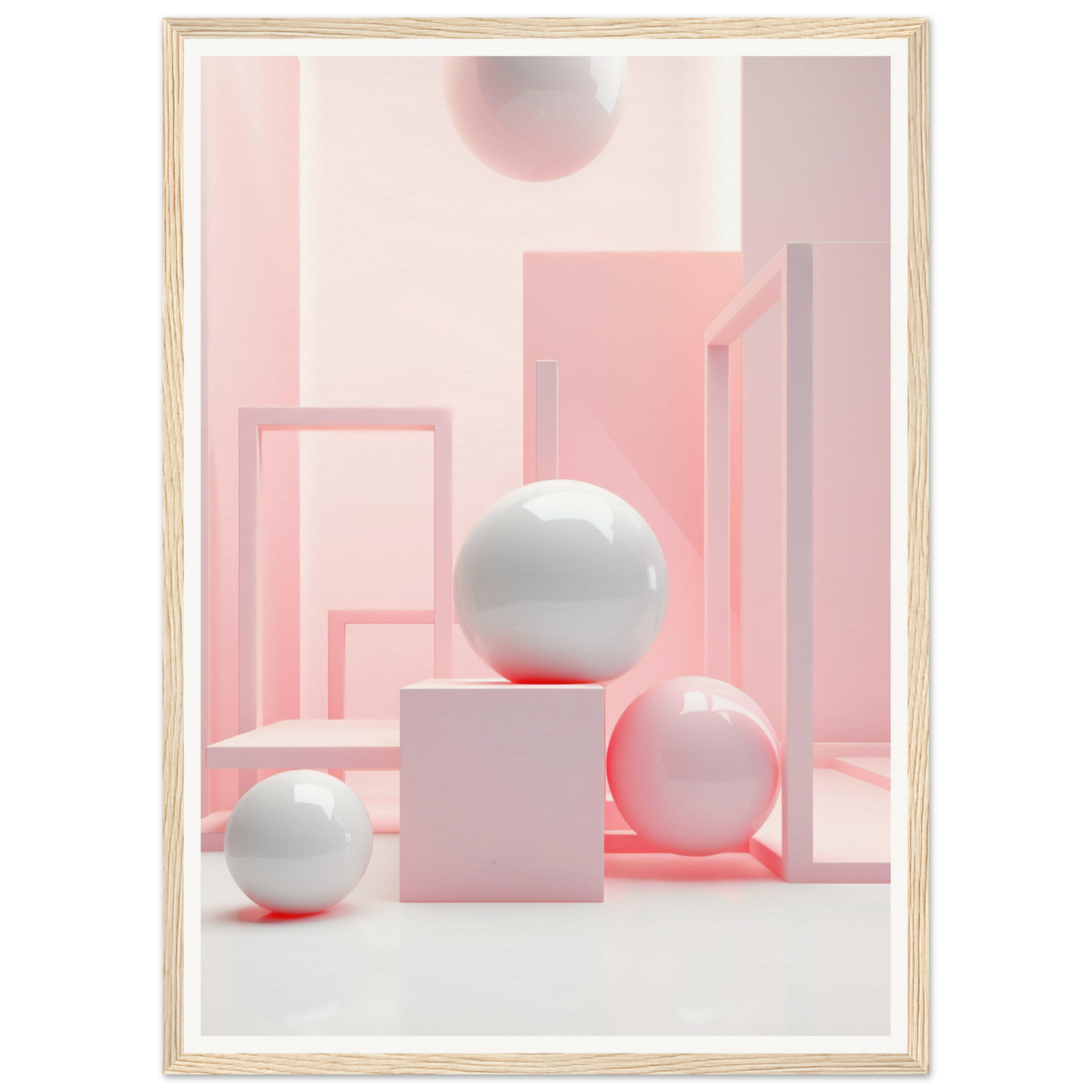 Abstract geometric composition featuring pink rectangles and white spheres.