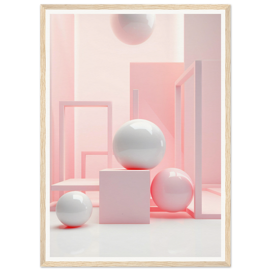 Abstract geometric composition featuring pink rectangles and white spheres.