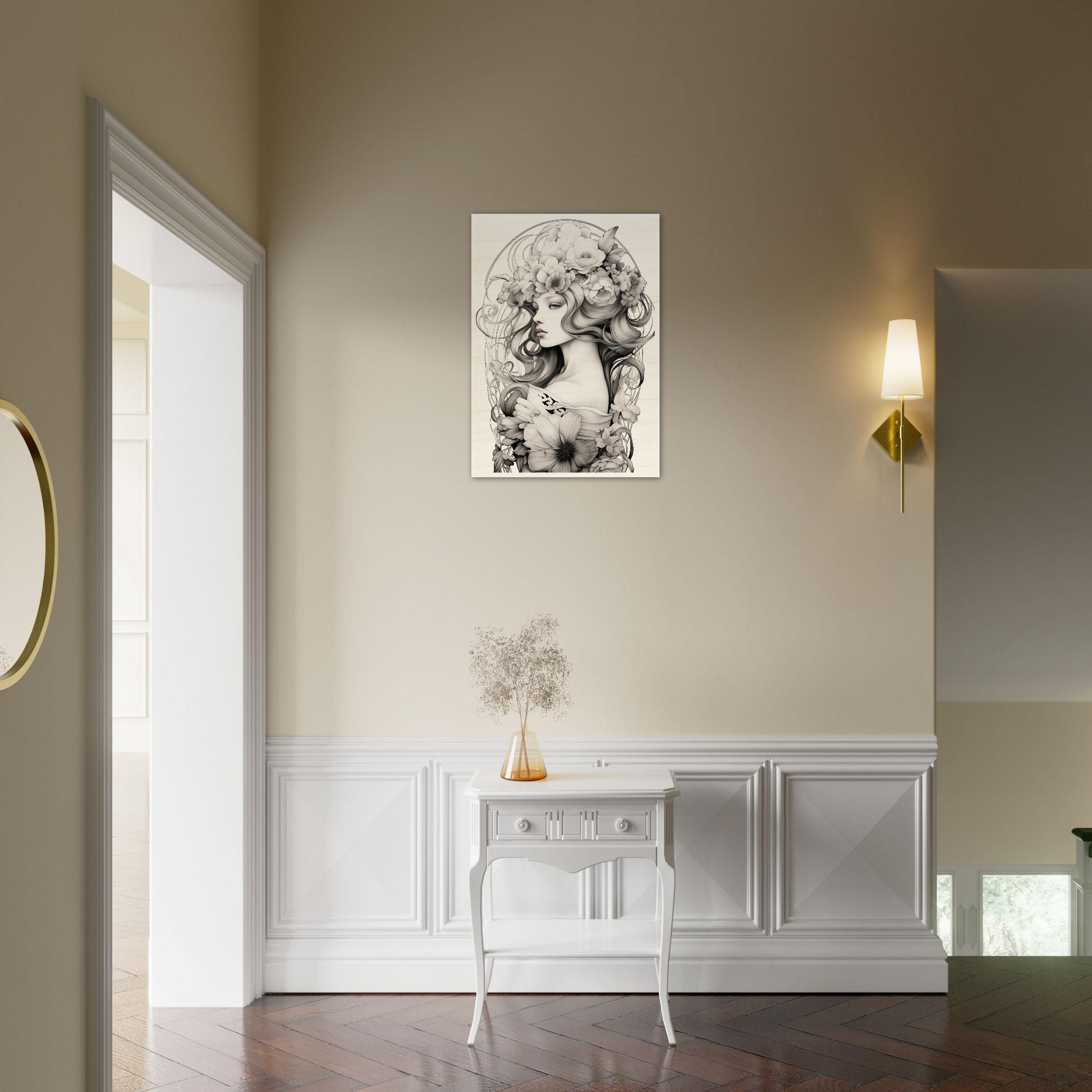 Elegant white console table with curved legs and decorative details.