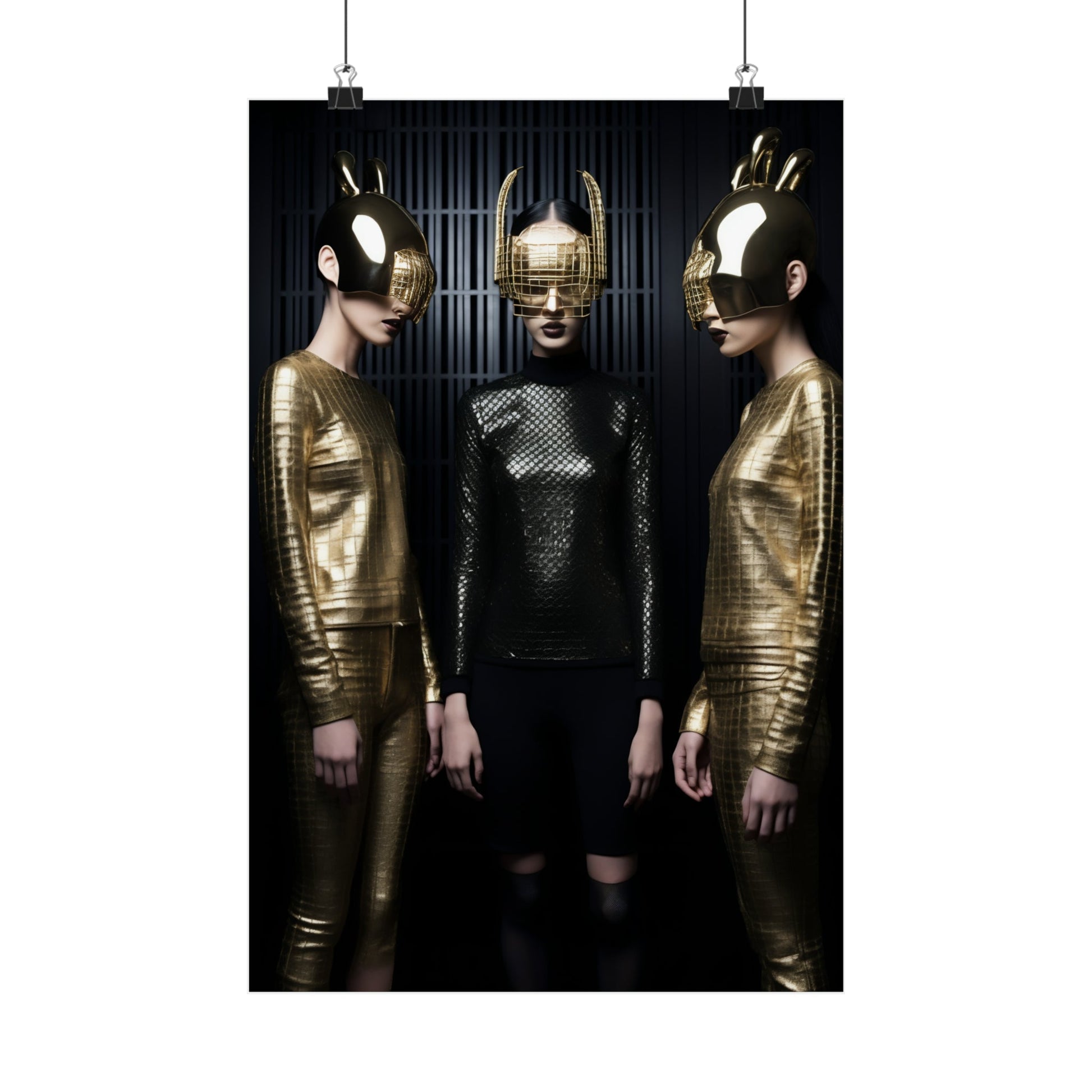 Futuristic fashion photograph featuring three figures in metallic outfits and elaborate headpieces.