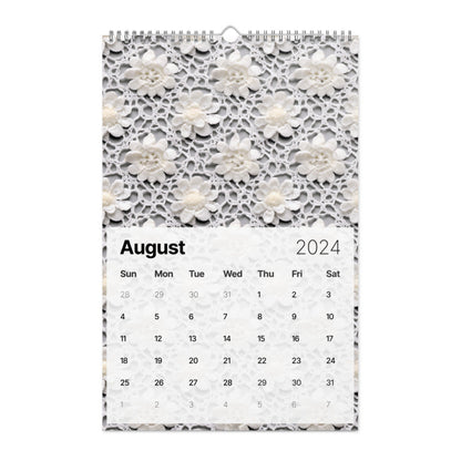 A 2024 Crochet Patterns Wall Calendar adorned with delicate white flowers, featuring a multitude of crochet patterns.