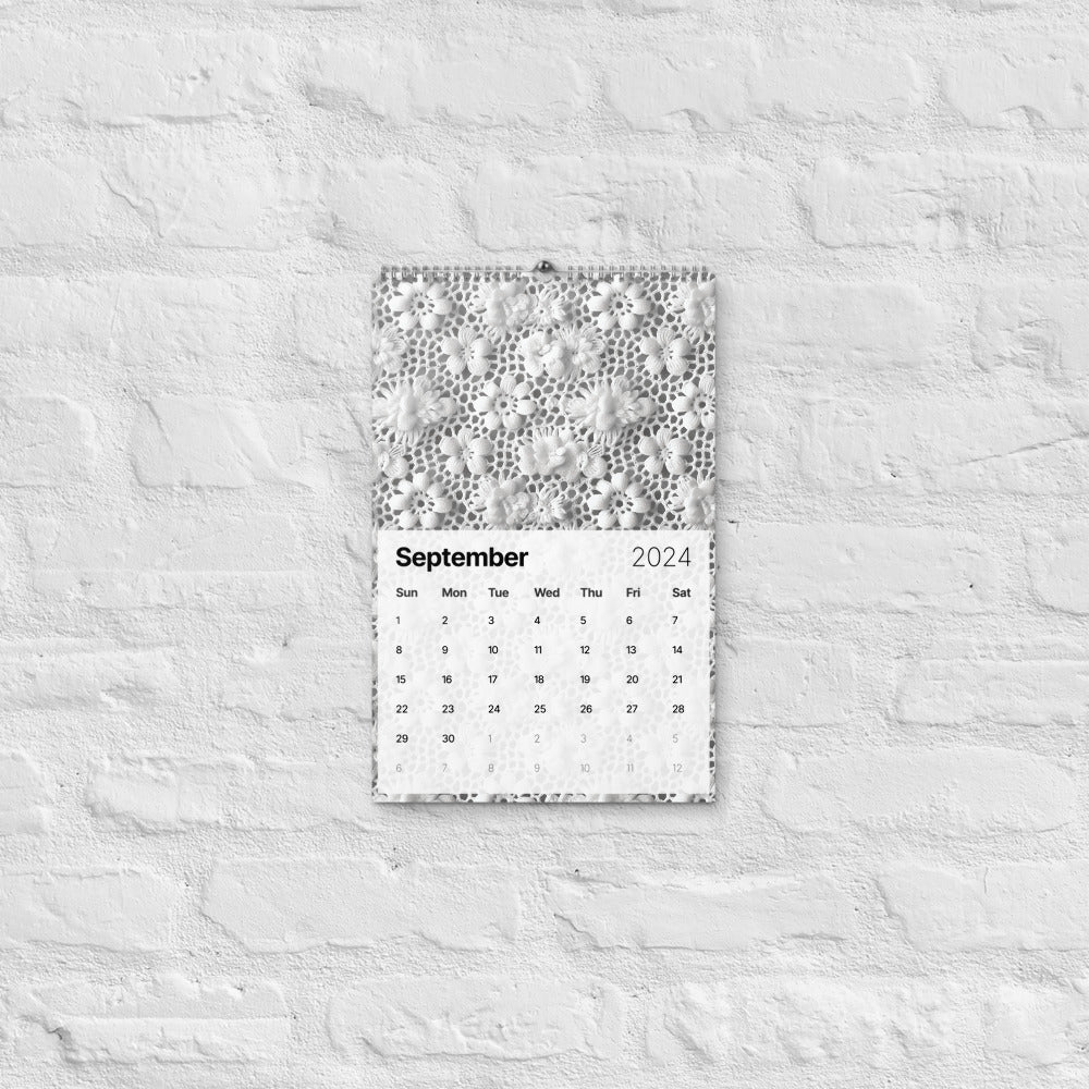 A black and white 2024 CROCHET PATTERNS WALL CALENDAR: A YEAR-ROUND INSPIRATION FOR CROCHET ENTHUSIASTS, perfect for crochet enthusiasts.