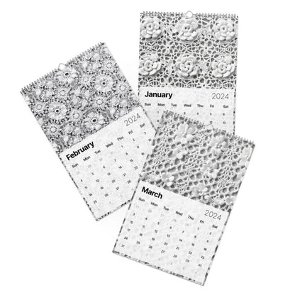 Three 2024 Crochet Patterns Wall Calendars, featuring intricate crochet patterns, displayed on a clean white surface.