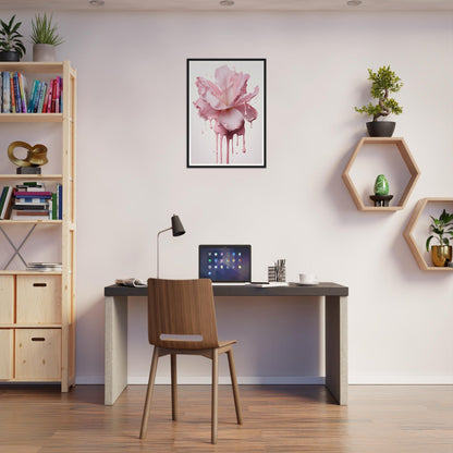 Home office workspace with a desk, chair, and decorative wall shelves.