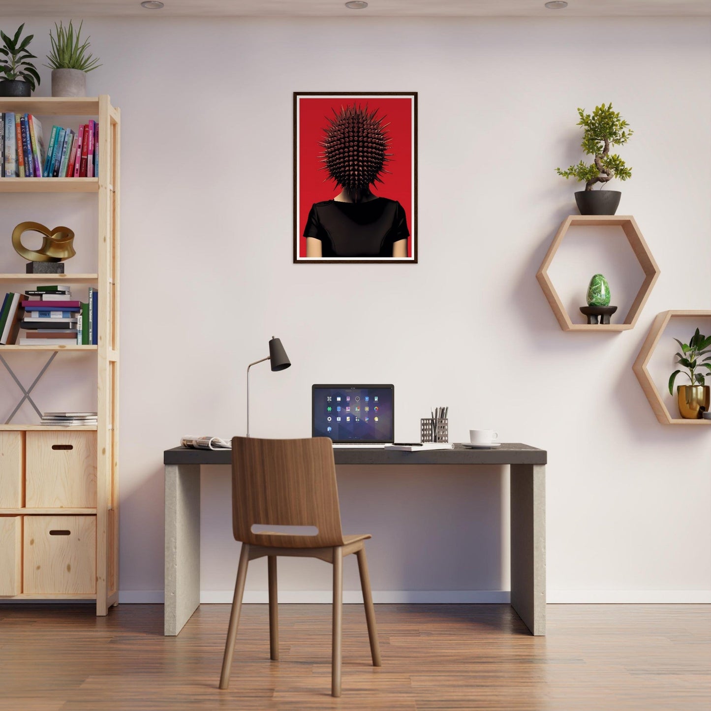 Modern home office workspace with a desk, chair, and decorative wall elements.