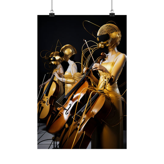 Golden mannequins playing string instruments with abstract wire headpieces.