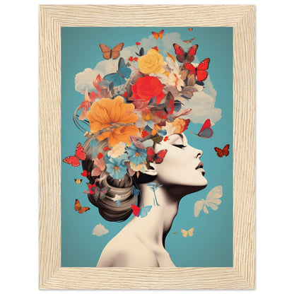 Artistic portrait featuring a profile view with vibrant flowers and butterflies emerging from the head.