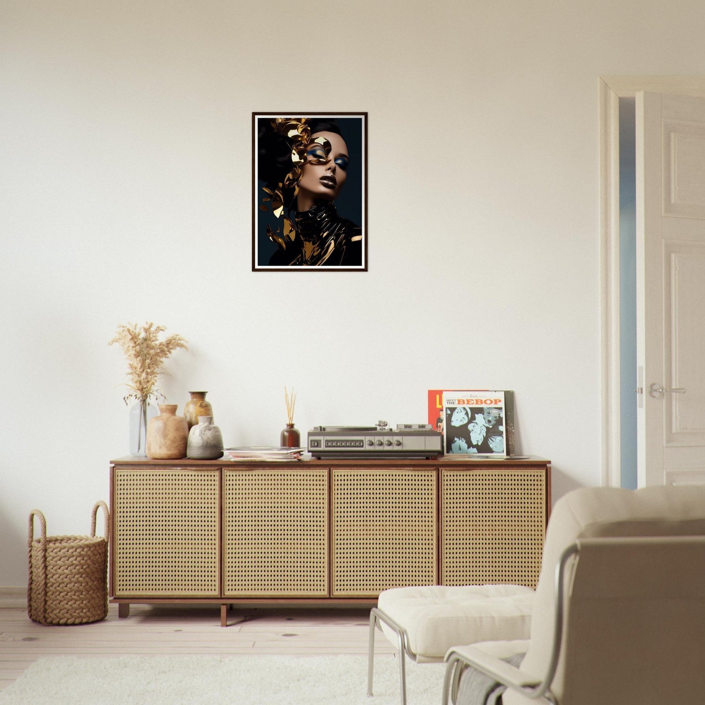 Wooden sideboard with cane-webbed doors and decorative items on top.