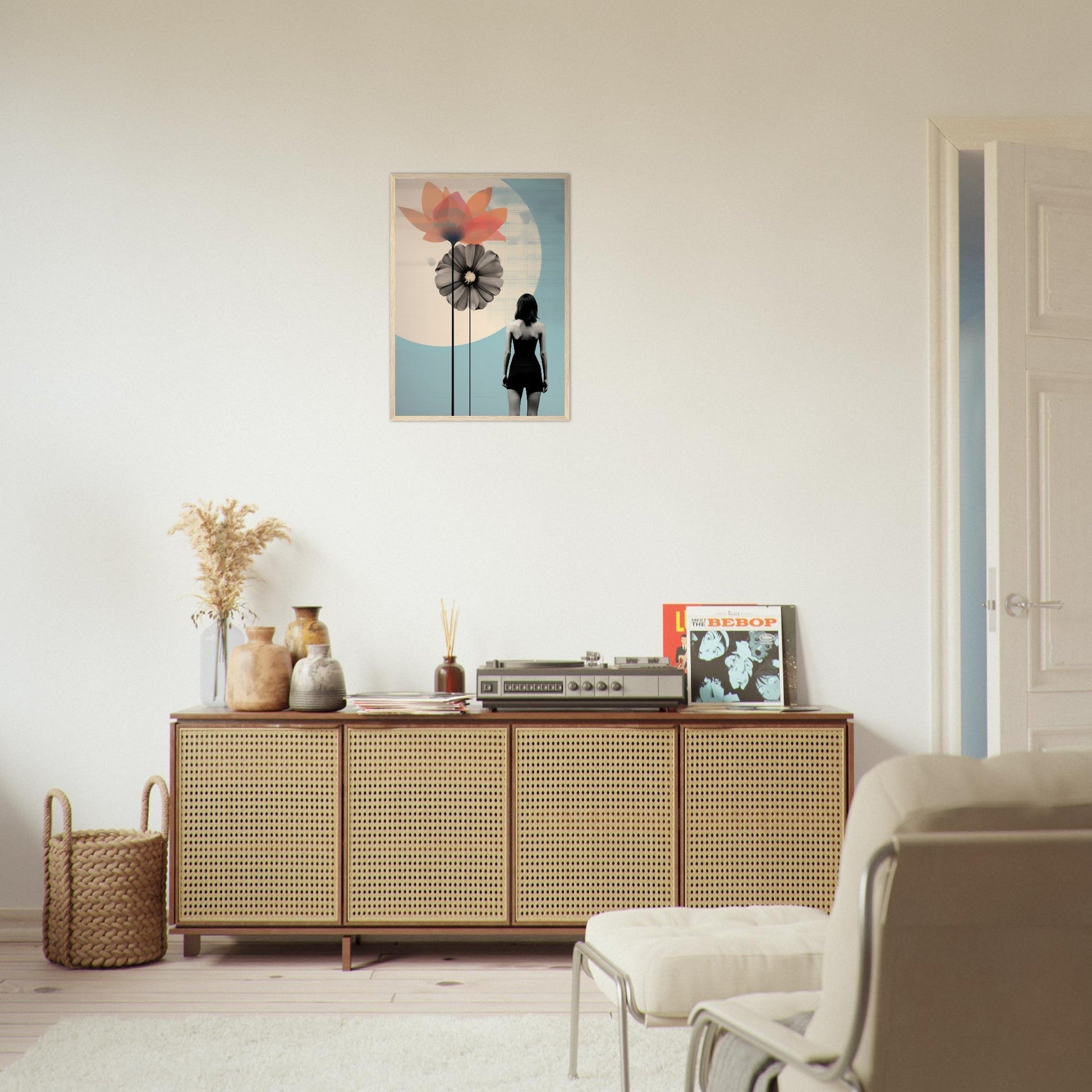 Wooden sideboard with rattan-style woven front panels.