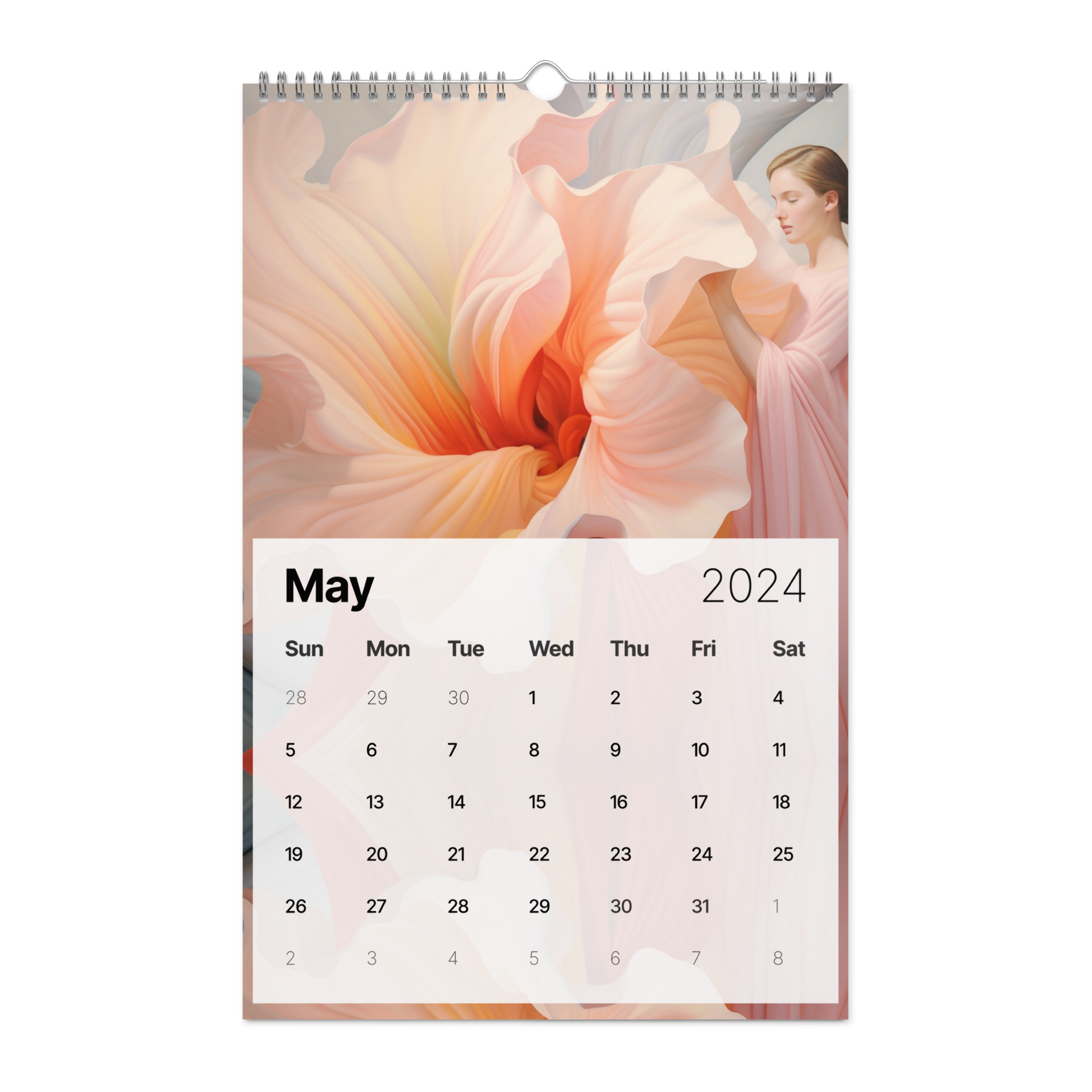 This Flowers Are Magic - Wall calendar (2024) showcases a captivating image of a woman gracefully holding a vibrant flower, making it an exquisite decorative piece.