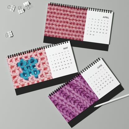 Three Crochet Addicts - 2024 Desktop Calendars with different patterns, perfect for crochet lovers.