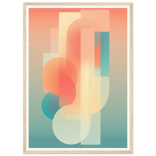 Abstract geometric artwork featuring overlapping translucent shapes in pastel colors.