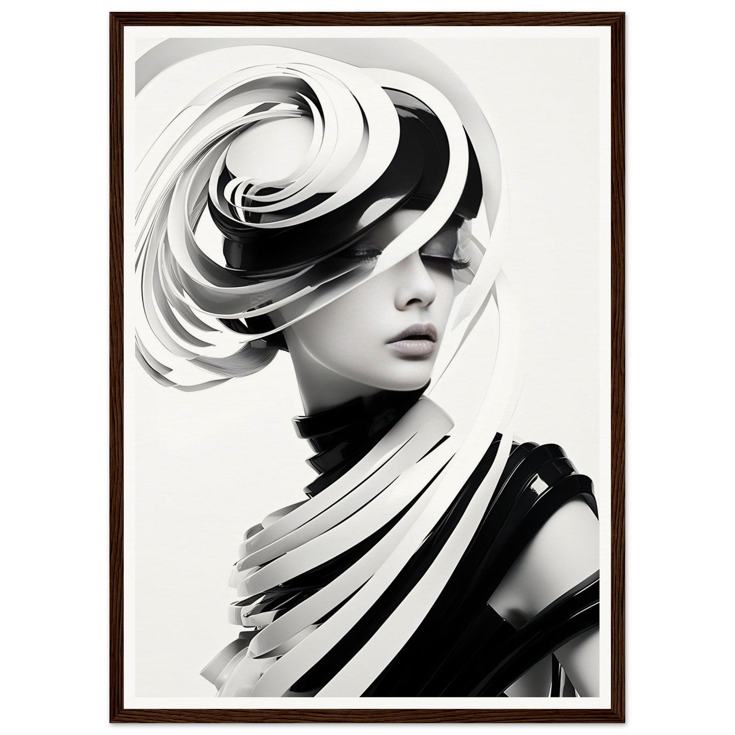 Striking black and white portrait featuring an avant-garde sculptural hat and collar design.