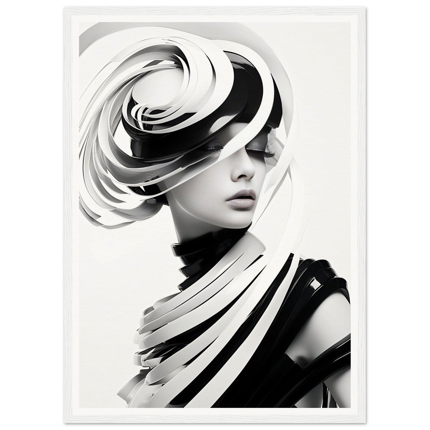 Striking black and white portrait featuring an avant-garde sculptural hat and collar design.