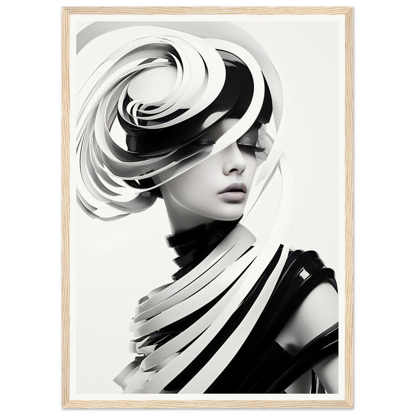 Striking black and white portrait featuring an avant-garde sculptural hat and draped clothing design.