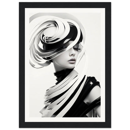 Striking black and white portrait featuring a person wearing an elaborate swirling hat and draped fabric.