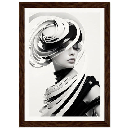 Artistic black and white portrait of a person wearing an elaborate swirling hat and draped fabric.