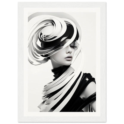 Striking black and white portrait featuring an avant-garde sculptural hat or headpiece.