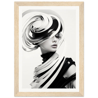 Striking black and white portrait featuring a figure with an elaborate swirling hat or headpiece.