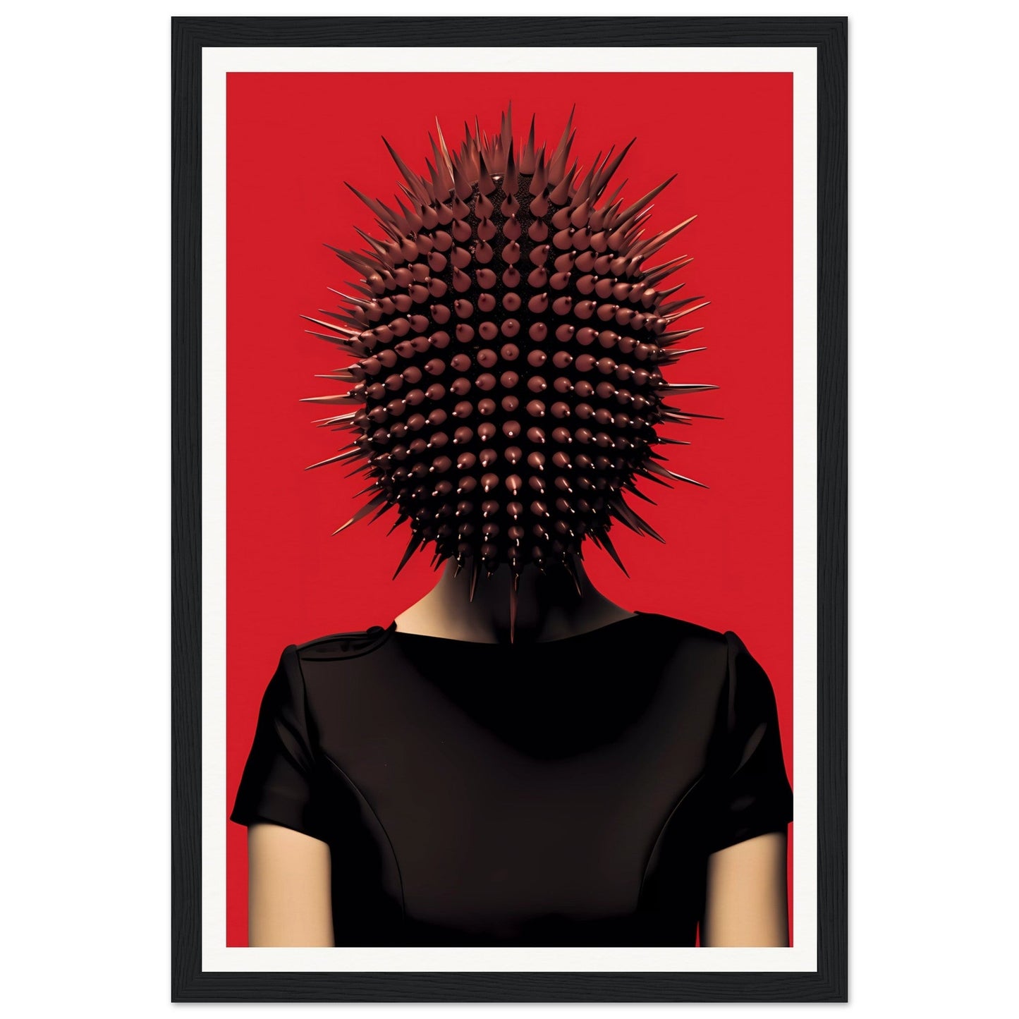 Spiky, spherical object resembling a sea urchin or exotic fruit positioned atop a person’s neck.