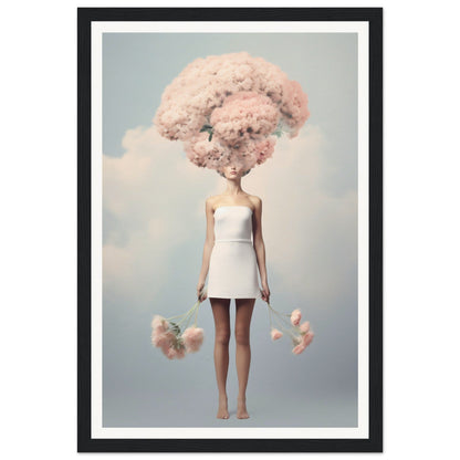 Surreal figure with a cloud-like pink cotton candy head wearing a white mini dress.