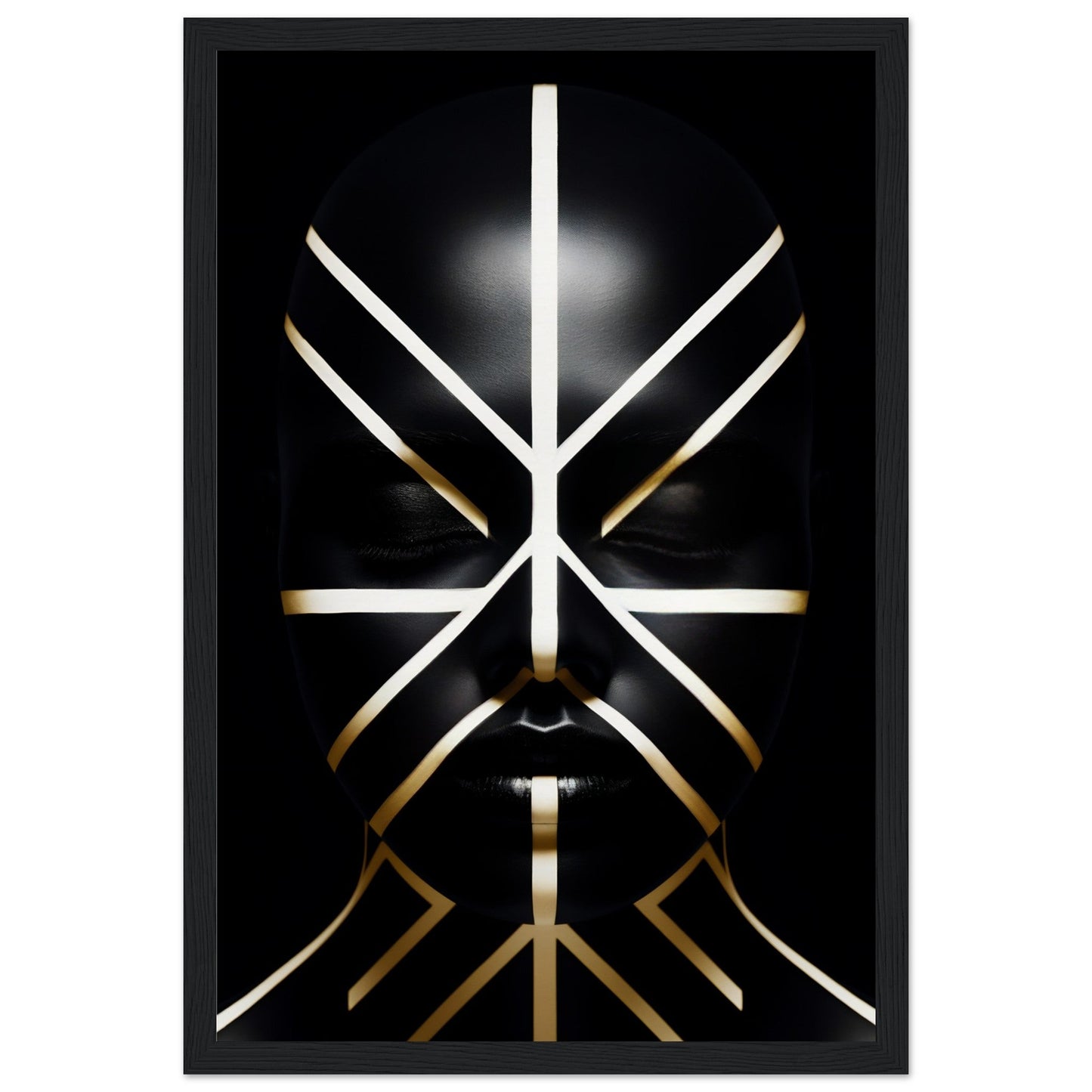 Abstract geometric design resembling a stylized face or mask using white and gold lines on a black background.