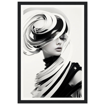 Striking black and white portrait featuring a person with an elaborate, swirling hat-like structure.