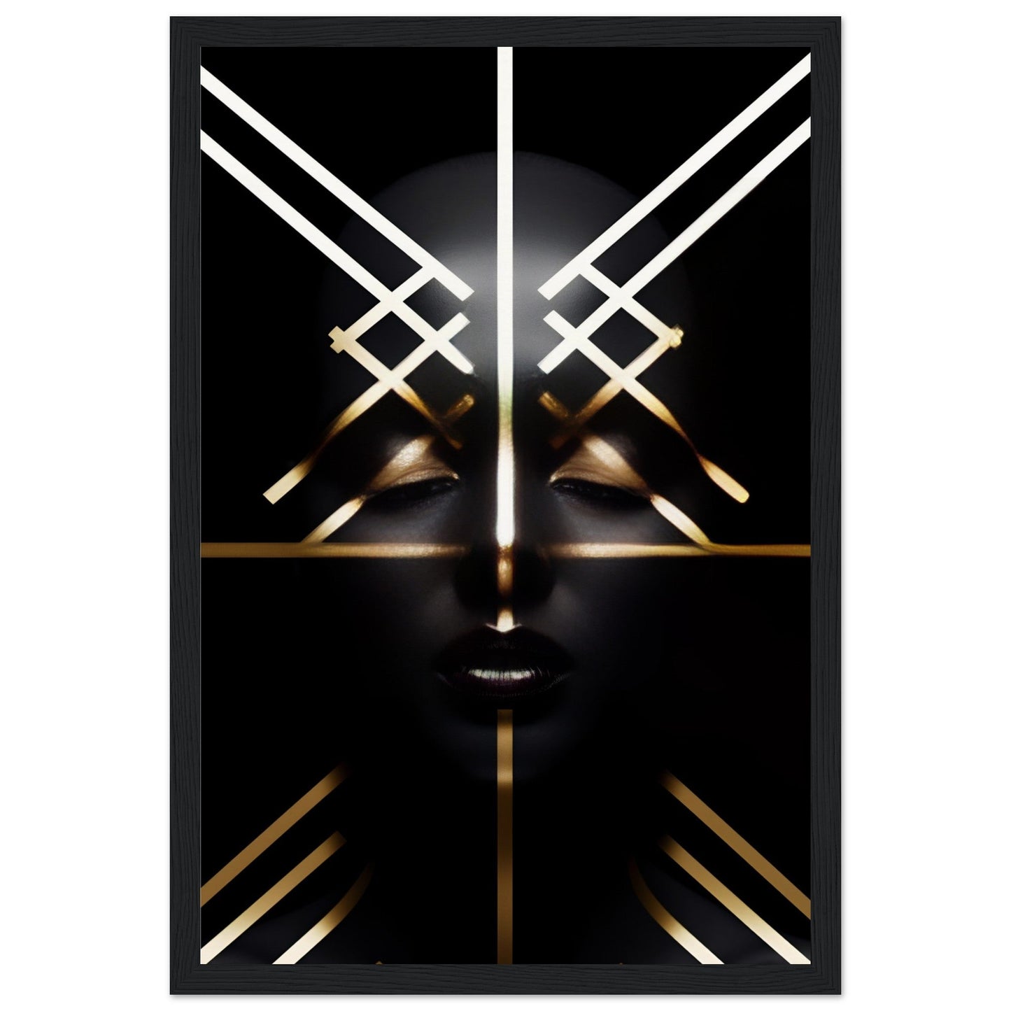 Stylized face with geometric gold and white lines on a black background.