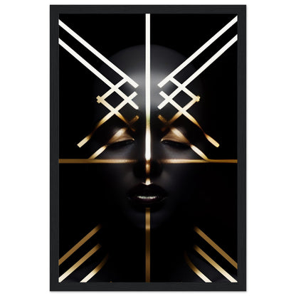 Stylized face with geometric gold and white lines on a black background.