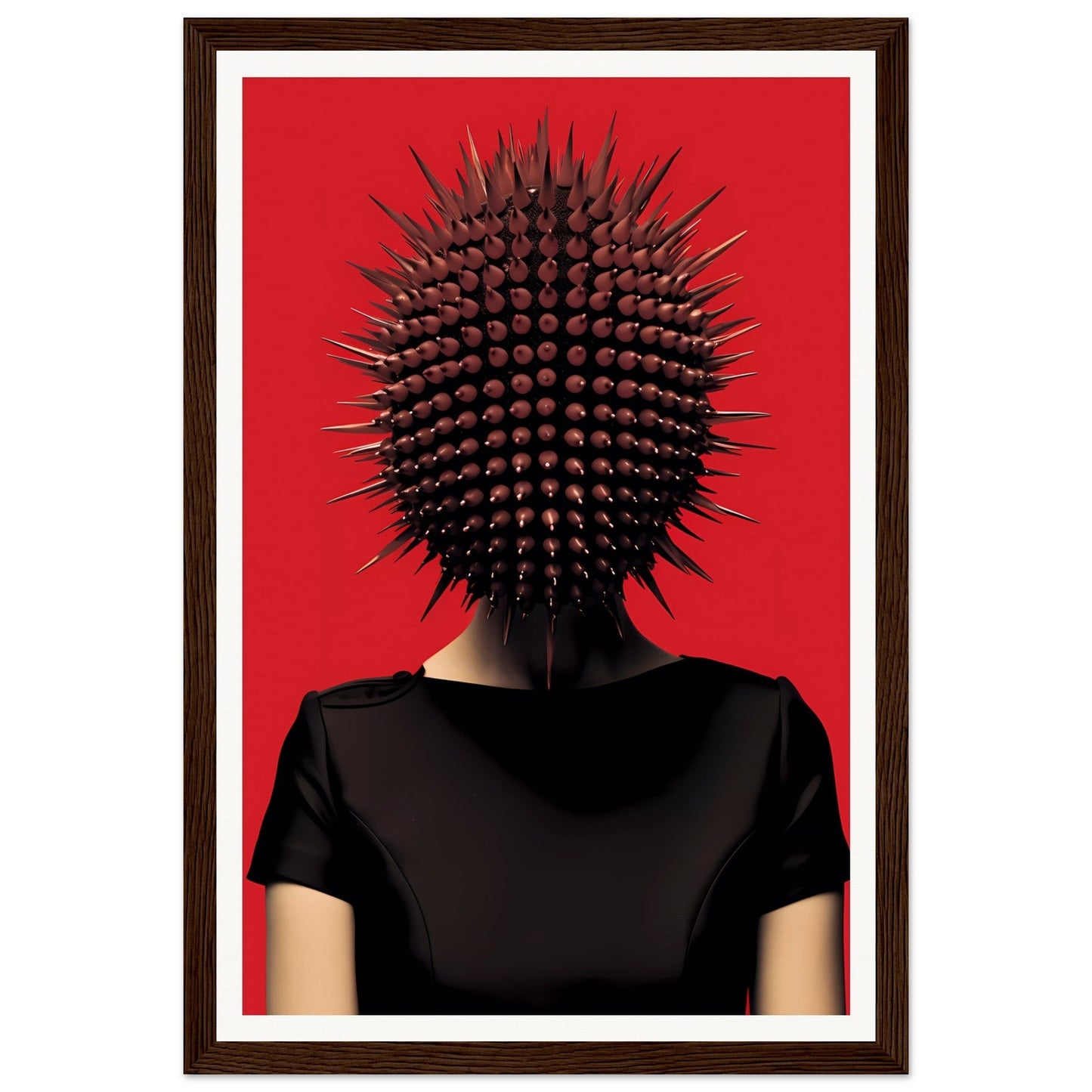 Spiky, spherical headpiece resembling a sea urchin worn by a person in a black shirt against a red background.