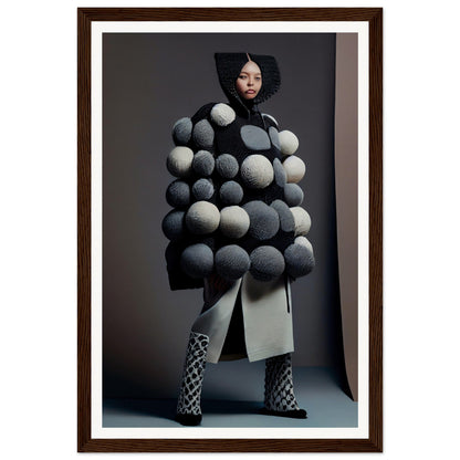 Avant-garde coat adorned with spherical gray and white pom-poms.