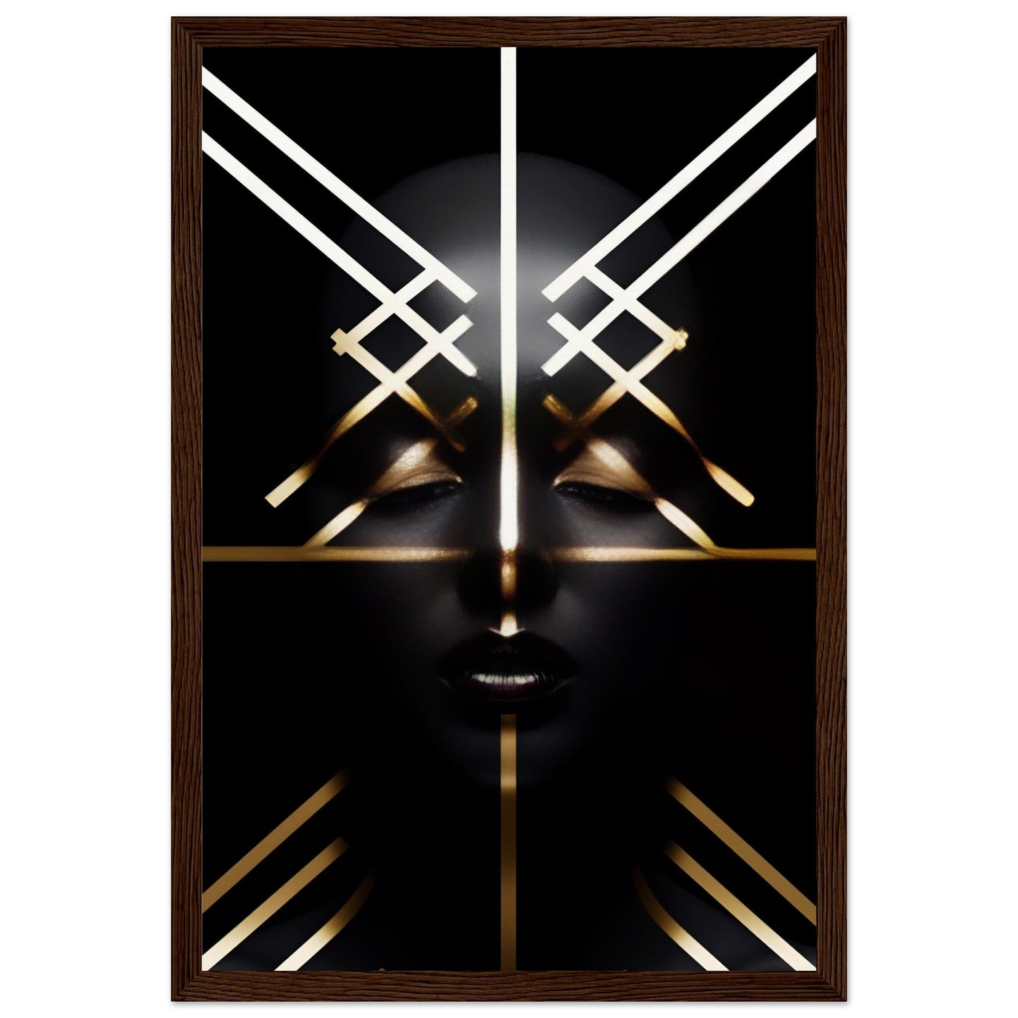 Stylized geometric face design with glowing white and gold lines on a black background.