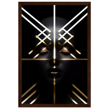 Stylized geometric face design with glowing white and gold lines on a black background.