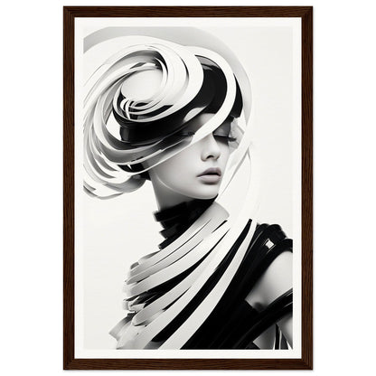 Striking black and white portrait of a person wearing an avant-garde sculptural hat and draped clothing.