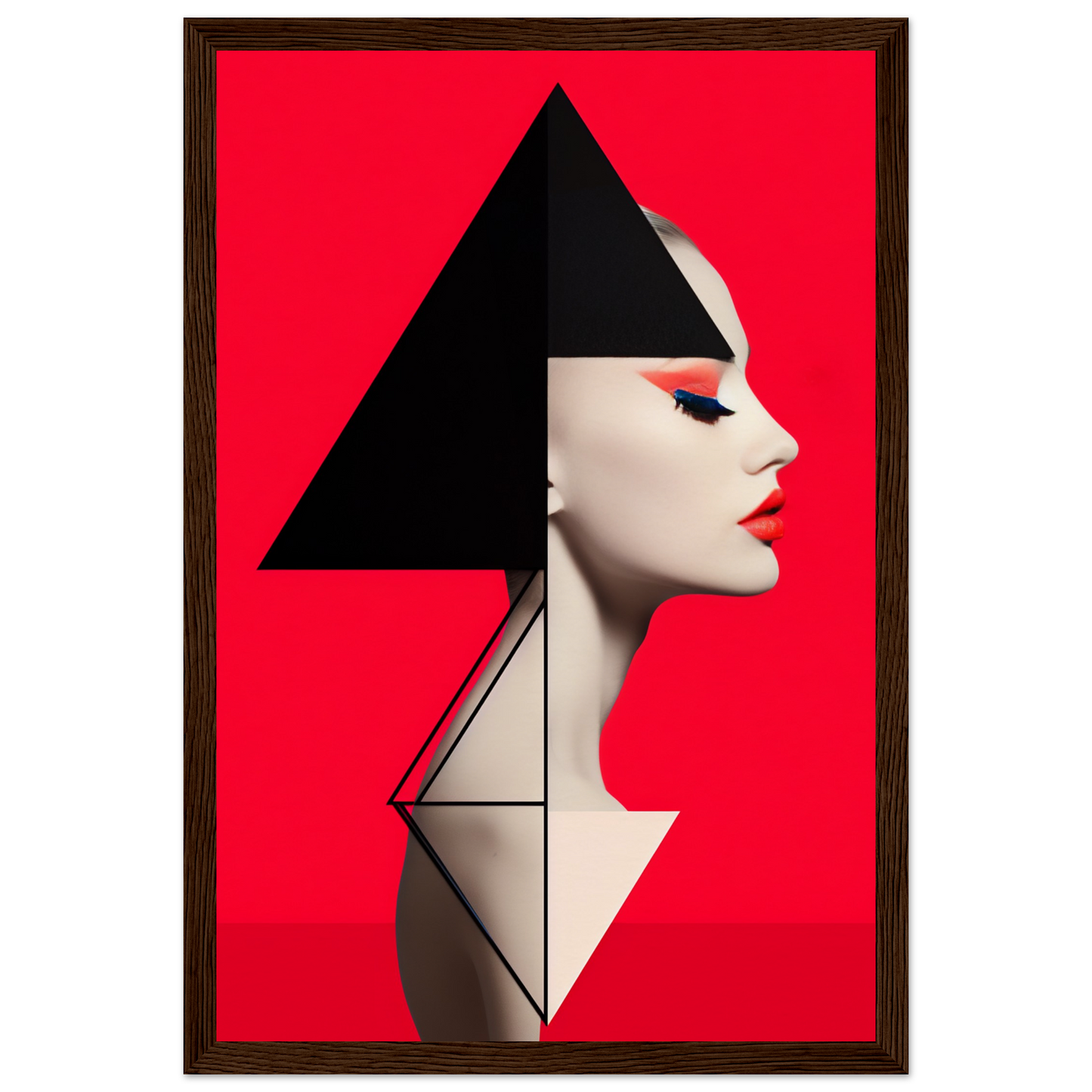 Profile portrait of a woman with geometric shapes forming her hair and clothing against a vibrant red background.