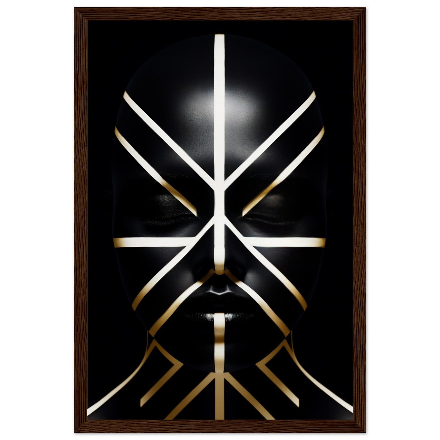 Abstract geometric design resembling a stylized face or mask composed of illuminated white and gold lines on a black background.