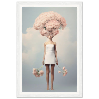 Surreal figure with a fluffy pink cloud-like formation as a head, wearing a white mini dress.