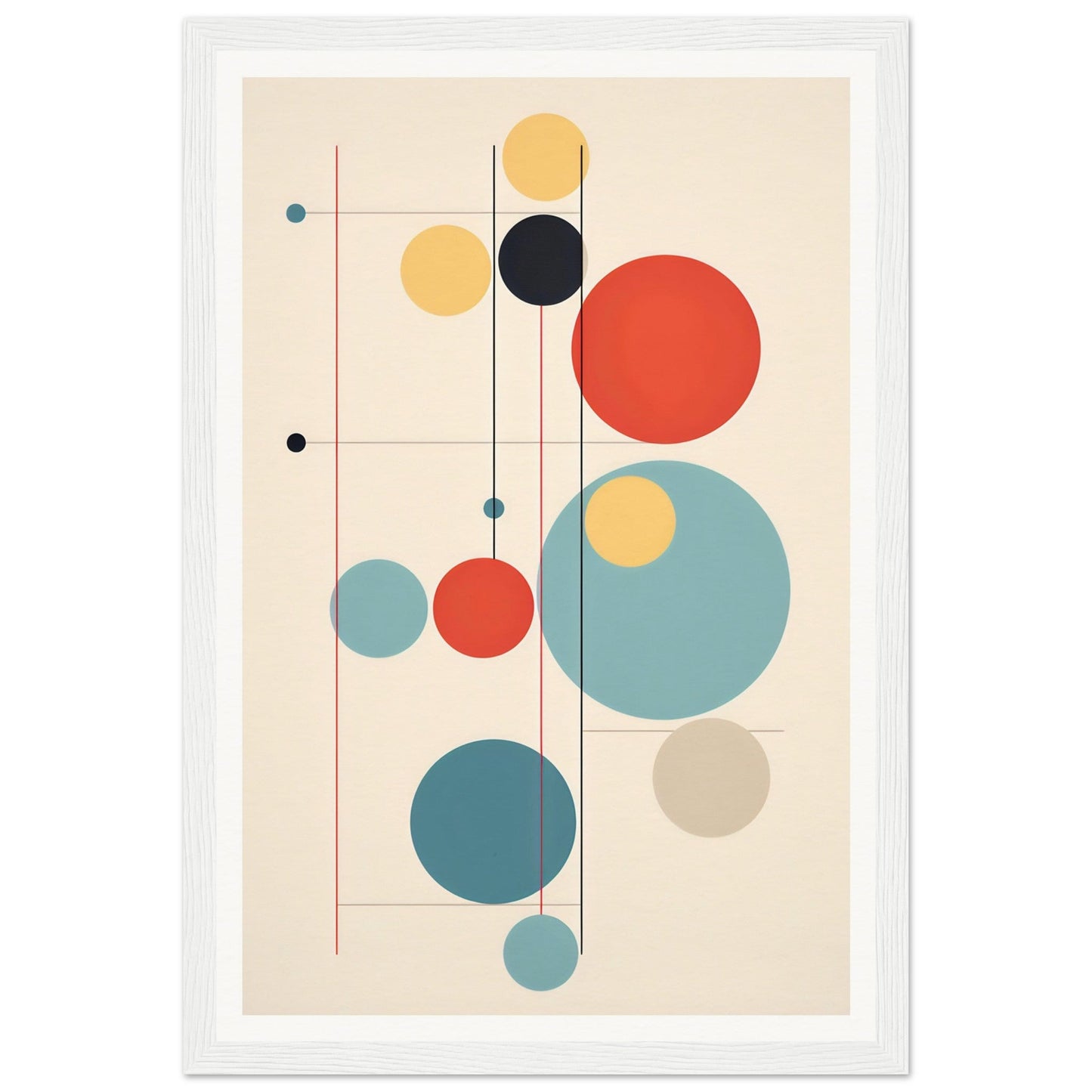 Abstract geometric artwork featuring colorful circles and lines in a minimalist composition.