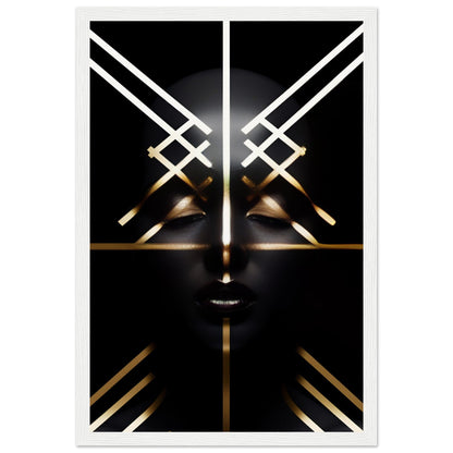 Stylized face composed of geometric gold and white lines on a black background.