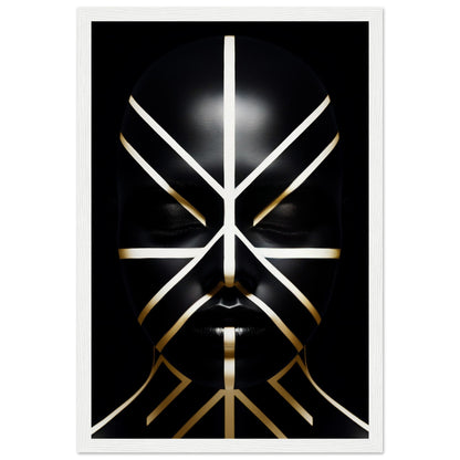 Stylized geometric face design composed of intersecting white and gold lines on a black background.